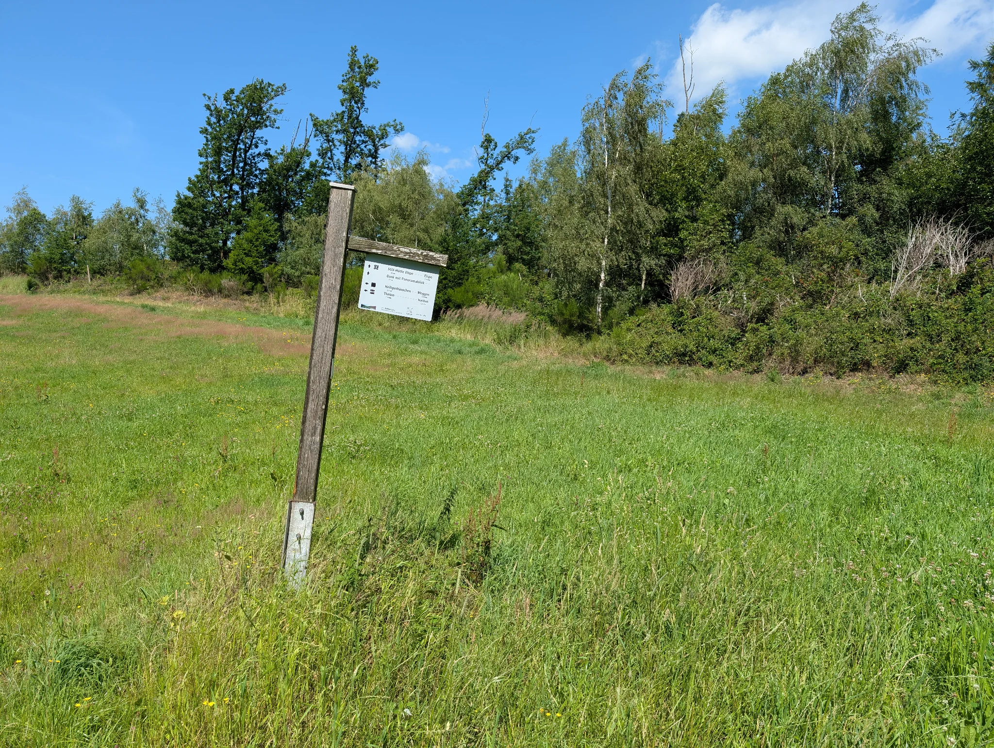 A sign post in the middle of a meadow, with directions ahead and to the left. There are no trails or foot paths, you just walk through the meadow for a few hundred metres