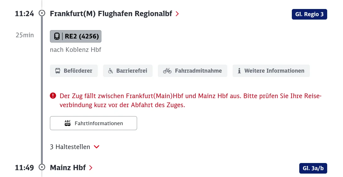 bahn.de screenshot, showing a connection segment that includes a train from Frankfurt to Mainz, with a remark that it has been cancelled from Frankfurt to Mainz.